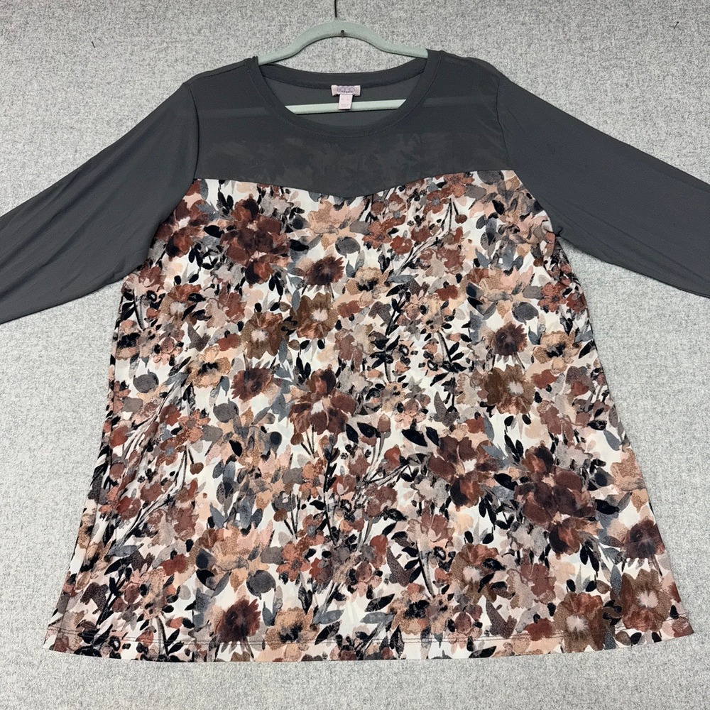 LOGO Layers Floral Mesh Yoke Top XL Gray Brown Long Sleeve Stretch Casual Shirt